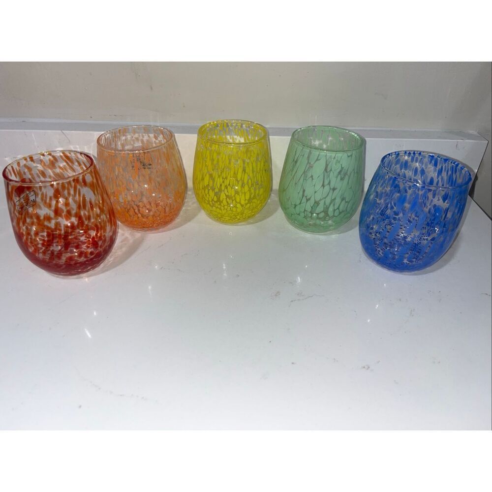 New Murano Glass Drinking Tumblers Set of 5 Blue Orange Green yellow